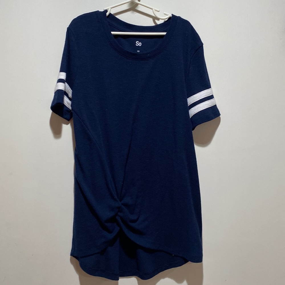 Navy blue short sleeve top with two white stripes on both sleeves, with tie
